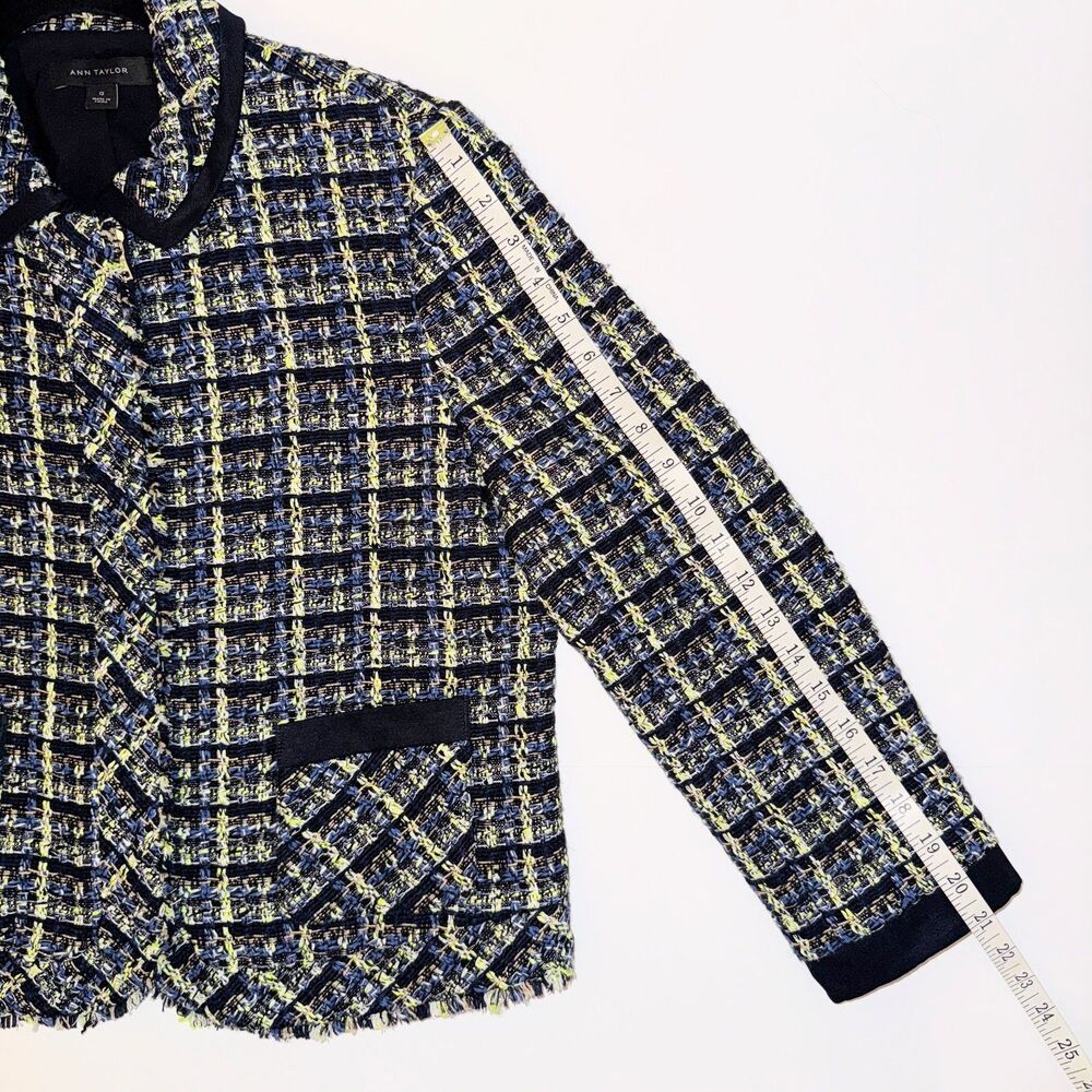Ann Taylor Tweed Blazer Jacket Blue Green Cream Plaid Zip Front Collared 12 EUC - Picture 12 of 15